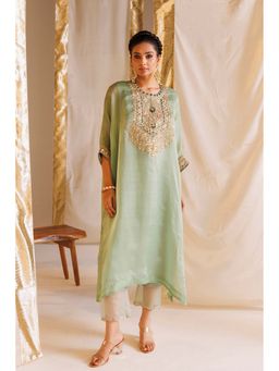 Zari Jaipur - Women Green Organza Embroidered 1 Kaftan Kurta, 1 Pant