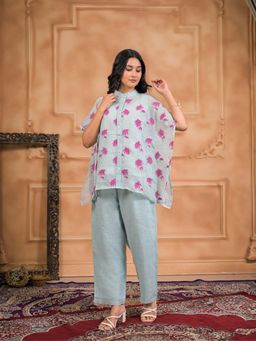 Zari Jaipur - Women Blue Cotton Embroidered Shirt with Inner & Pant