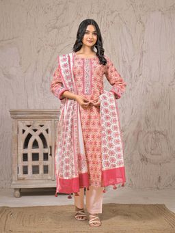 Zari Jaipur - Women Peach Chanderi Embroidered Kurta & Pant with Dupatta