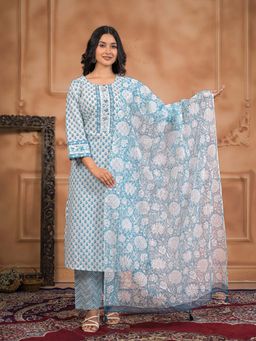 Zari Jaipur - Women Blue Cotton Embroidered Kurta & Pant with Dupatta