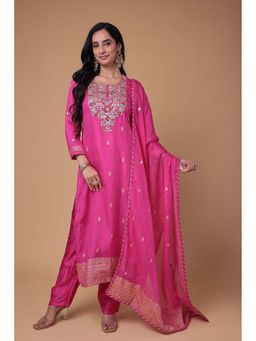 Zari Jaipur - Women Pink Organza Embroidered Kurta & Pant with Dupatta