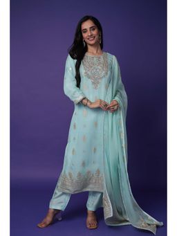 Zari Jaipur - Women Blue Organza Embroidered Kurta & Pant with Dupatta