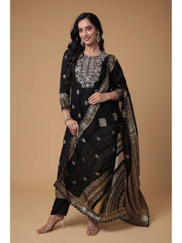 Zari Jaipur - Women Black Organza Embroidered Kurta & Pant with Dupatta