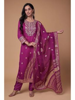 Zari Jaipur - Women Wine Organza Embroidered Kurta & Pant with Dupatta