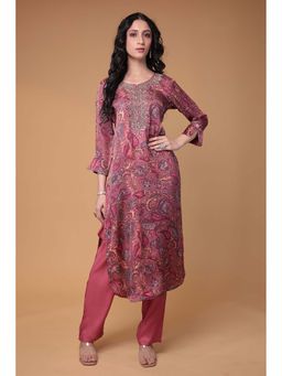 Zari Jaipur - Women Maroon Silk Printed Kurta & Pant