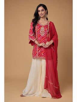 Zari Jaipur - Women Red Georgette Embellished/Sequined Kurta & Sharara with Dupatta