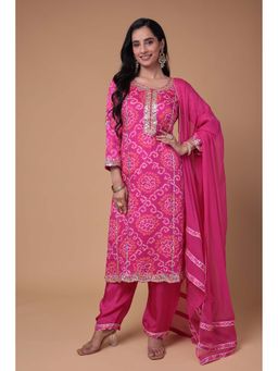 Zari Jaipur - Women Pink Georgette Embroidered Kurta & Pant with Dupatta