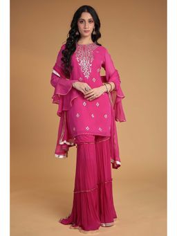 Zari Jaipur - Women Pink Georgette Embroidered Kurta & Sharara with Dupatta