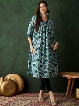 Gahan - Floral Pure Cotton A-Line Flared Kurta - Teal