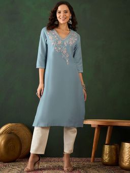 Gahan - FLORAL EMBROIDERED STRAIGHT KURTA - Blue