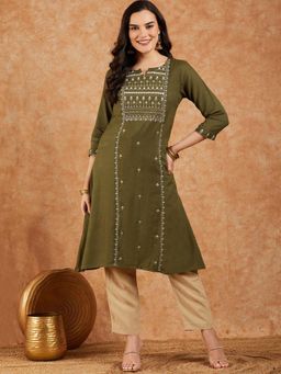 Gahan - Embroidered Pure Cotton A-Line Kurta - Olive