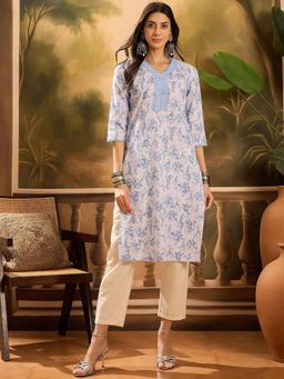 Gahan - Ethnic Floral Printed V Neck Kurta - White