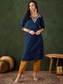 Gahan - Blue Floral Embroidered Round Neck Straight Kurta - Blue