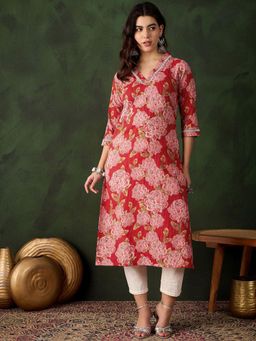 Gahan - Red and Pink Floral Printed Kantha Work Pure Cotton Straight Kurta - Red