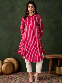 Gahan - Red and White Striped Shirt Collar A-Line Asymmetric Kurta - Red