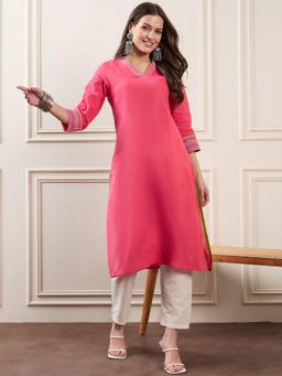 Gahan - V-Neck Solid Pure Cotton Straight Kurtas - Pink