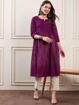 Gahan - Floral Embroidered Sequinned Notch Neck A-Line Kurtas - Purple