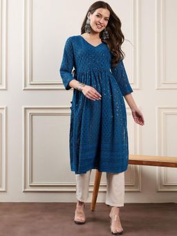 Gahan - Floral Embroidered Sequinned Mandarin Collar Georgette A-Line Kurtas - Teal