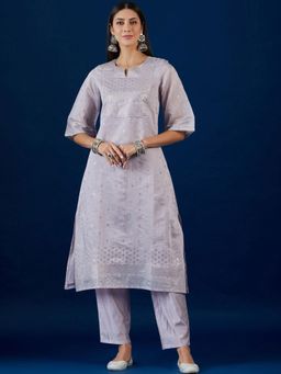 Gahan - Ethnic Motifs Printed Chanderi Silk Straight Kurta - Lavender