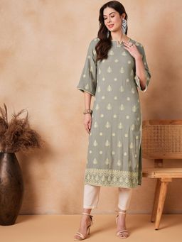 Gahan - Ethnic Motifs Embroidered Pure-Cotton Straight Kurta - Olive