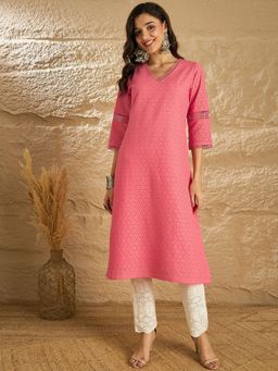 Gahan - Floral Embroidered V-Neck Thread Work Schiffli Pure Cotton Straight Kurta - Peach