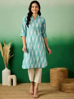 Gahan - Blue Ikkat Printed Roll-Up Sleeves Shirt Collar Pure Cotton Straight Kurtas - Blue
