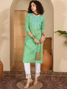 Gahan - Floral Embroidered Pure Cotton Kurta - Green