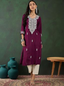Gahan - X fwd Purple Ethnic Motifs Embroidered Chikankari Straight Kurta - Purple