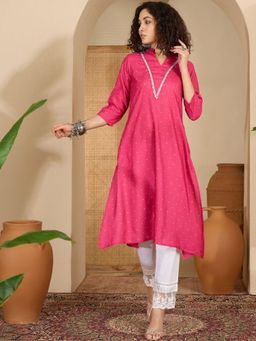 Gahan - Women Pink Cotton V-neck Straight Kurta - Pink