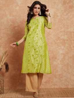 Gahan - Floral Printed Chanderi Silk Straight Kurta - Green