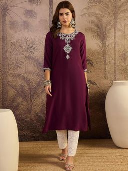 Gahan - Embroidered Straight Kurta - Wine
