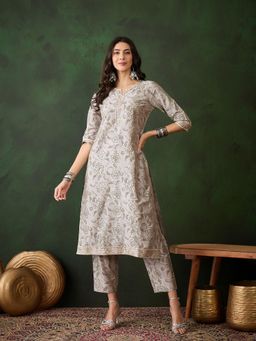 Gahan - Grey Floral Printed Round-Neck Straight Kurta - Grey