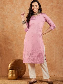Gahan - Notch Neck Mirror Work Straight Kurta - Pink