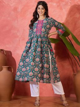 Gahan - Women Floral Printed Daily Pure Cotton Anarkali Kurta - Teal