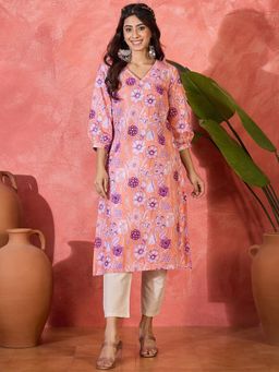 Gahan - Women Floral Printed V-Neck Puff Sleeves Straight Kurta - Peach