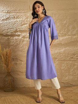 Gahan - Women V Neck Pure Cotton Empire Cotton Kurta - Lavender