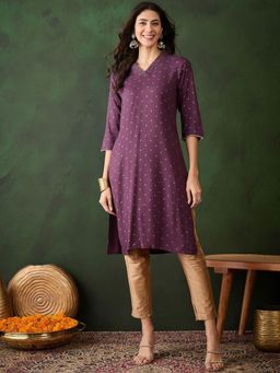 Gahan - X fwd Ethnic Motifs Printed V-Neck Straight Kurta - Purple