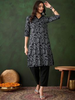Gahan - Floral Printed A-Line Kurta - Black