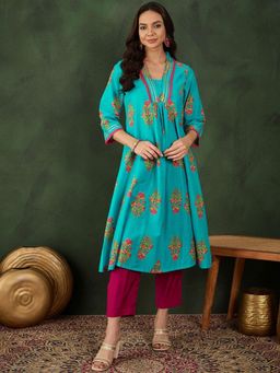 Gahan - Teal Blue Floral Printed V-Neck Panelled Pure Cotton A-Line Kurta - Teal