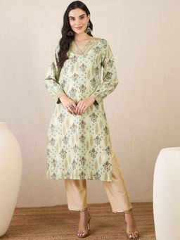 Gahan - Floral Printed V-Neck Puffed Sleeves Sequinned Straight Kurta - Green