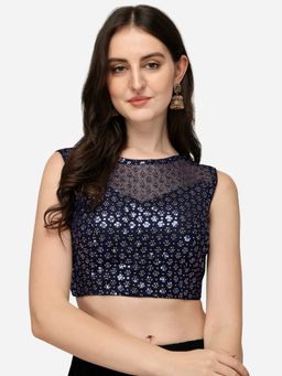 Amrutam Fab - Women's Net Sequences Embroidered Work Navy Blue Boat Neck Blouse