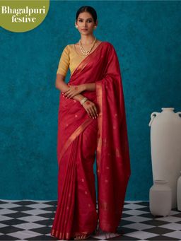 Likha - Red Linen Woven Bhagalpuri Festive Zari Saree & Unstitched Blouse LIKSAR48 (Free Size)