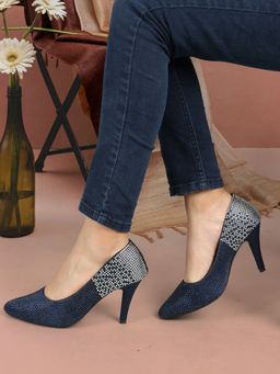 ELLE - Navy Blue Women Embellished Sequined Heels