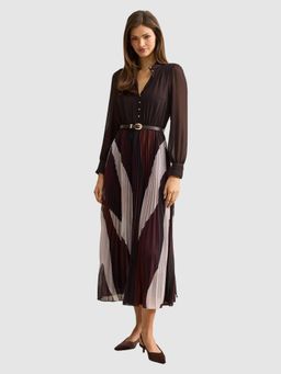 Forever New - Brown Anya Long Sleeve Pleated Midi Dress with Belt