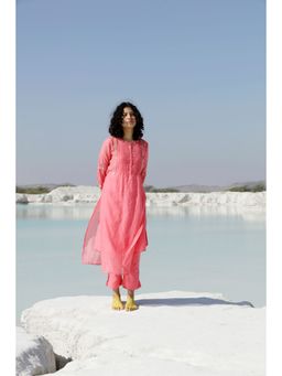 Tatwa Designs - Coral Pink Pintuck Yoke Kurta (Set of 3)