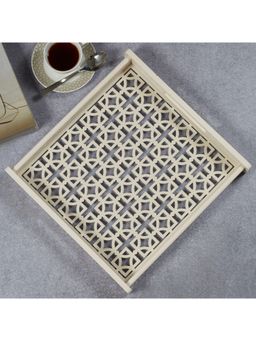 HomeTown - Laser Engineered Wood Cut Tray With Glass Large Square in Multi-Color