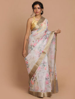 Indethnic - Banarasi Silver Printed Party Wear Saree With Unstitched Blouse