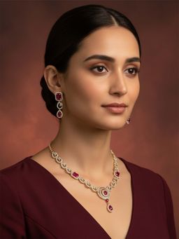 I Jewels - Pink Gold Plated Cubic Zirconia and Ad Studded Jewellery Set