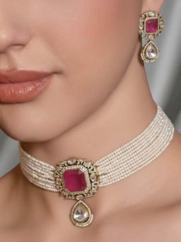BEAUTY SPOT JEWELLERY - Ruby Polki Pearl Bridal Choker with Earrings