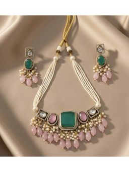 BEAUTY SPOT JEWELLERY - Emerald Blush Polki Pearl Necklace with Earrings